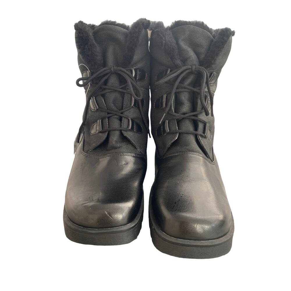Leather Black Weatherproof Faux Fur Lined Lace Up Boots Booties SZ 11 S100490